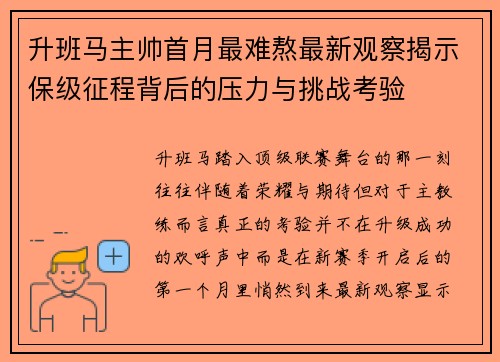 升班马主帅首月最难熬最新观察揭示保级征程背后的压力与挑战考验